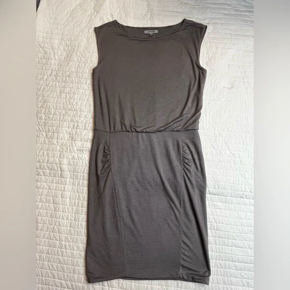Athleta Gray Micro Stripe Westwood Dress Ruched Sleeveless